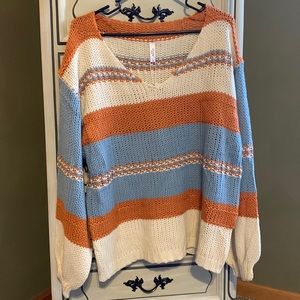 Baby blue, burnt orange & cream vneck, crochet sweater, size large